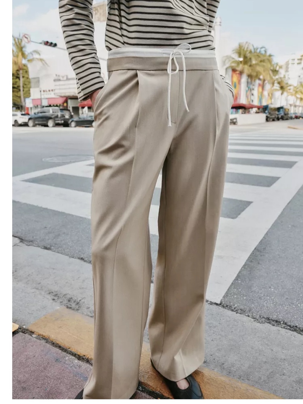 Zara Double Waistband Wide Leg Trousers Beige Minimalist Officecore pants